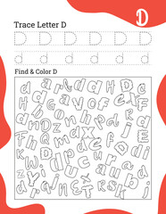 English alphabet letter D tracing line printable worksheet with cute picture for coloring for vocabulary learning. Basic writing practice for preschool and kindergarten kids student and teacher.