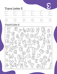 English alphabet letter E tracing line printable worksheet with cute picture for coloring for vocabulary learning. Basic writing practice for preschool and kindergarten kids student and teacher.