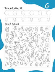 English alphabet letter G tracing line printable worksheet with cute picture for coloring for vocabulary learning. Basic writing practice for preschool and kindergarten kids student and teacher.