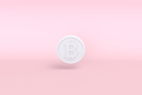 White bitcoin cryptocurrency on pink background. 3d illustration