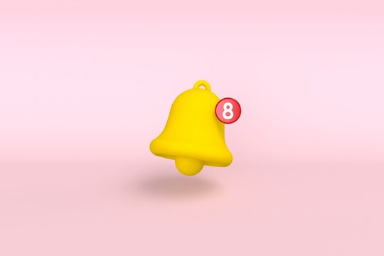 Minimal notification bell with new notification on pink background. 3D rendering