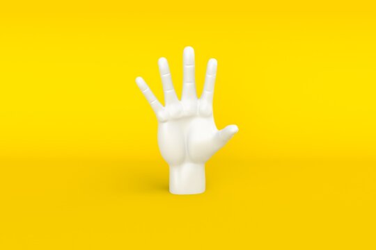 Minimal empty top view hand extended isolated on yellow background. 3D rendering