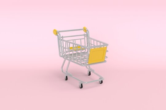 Minimal empty top view mini shopping cart or trolley shopping on pink background, concept shopping in supermarket. 3D rendering