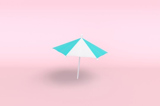 Minimal beach umbrella on pink background. The symbol of a holiday by the sea. 3d illustration
