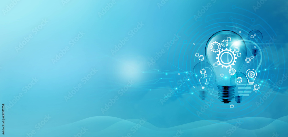 Poster innovation and new idea, light bulbs with gear for new ideas of technology and business, development