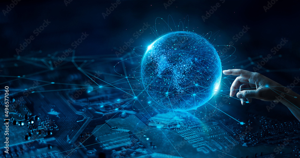 Aufkleber Hand touching global networking on data connection. Science. Big data. internet technology. Business. Communication and social network.