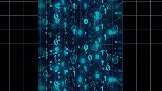 Enter or door to metaverse concept. Metaphor for entering metaverse space. VR concept, sci-fi room blue light squares shapes. Web 3.0 representation. 3d render video zoom in