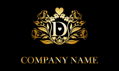 Alphabet D with Rose Flower nature text design vector love logo monogram template
