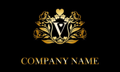 Alphabet V with Rose Flower nature text design vector love logo monogram template