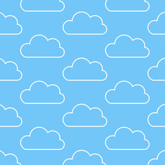 Seamless pattern background with White fluffy cartoon clouds on light blue sky. Vector illustration for kids fabric or backdrop.