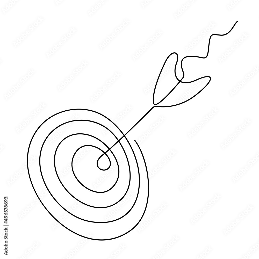 Poster continuous one line drawing of arrow. one line center of target with arrow. simple hand drawn busine