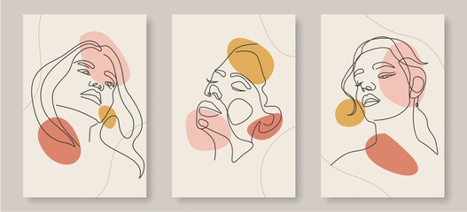 Vector Prints Set of Woman Face Line Art Style. Female Face Poster. Modern Wall Art, Aesthetic Design. Perfect for Home Decor, Wall Art Posters, or t-shirt Print, Mobile Case. Vector EPS 10