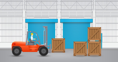Vector of operator, driver or worker to handling, sorting wooden crate box at interior of warehouse or factory building by forklift or equipment for logistic, shipping and delivery. Transport industry