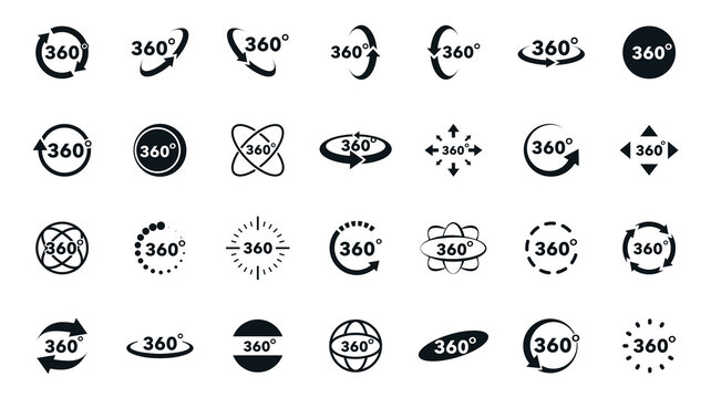 360 degrees view vector icons set. Signs with arrows to indicate the rotation or panoramas to 360 degrees. Virtual reality icons. Rotate symbol isolated in white background. Vector illustration