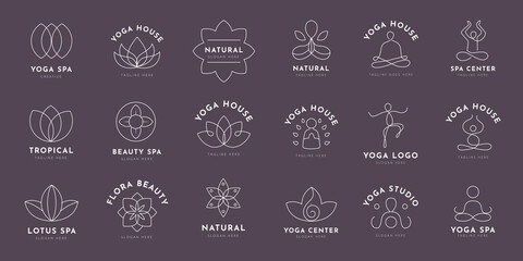 Doodle Yoga and and lotus logo, set of hand-drawn botanical, floral set of wildflowers and herbs, vector objects isolated on a white background. One Line Drawing Vector Flowers Set.
