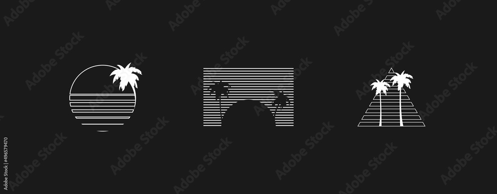 Aufkleber set of retrowave design elements. linear style striped compositions with sun and palm tree silhouett
