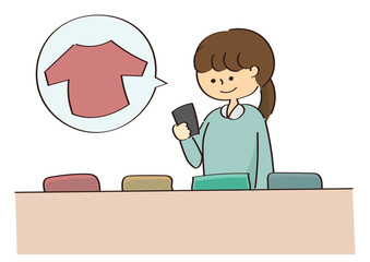 ショールーミングをする若い女性のイラスト