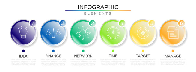 Circular shinny glow horizontal row timeline infographic design vector with icons. Six roadmap business network project template for presentation and report.