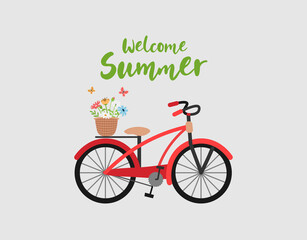 Welcome Summer quote. Bicycle with flowers and butterflies on grey background. Vector illustration for banners, cards, flyers, prints, social media, sales and more.