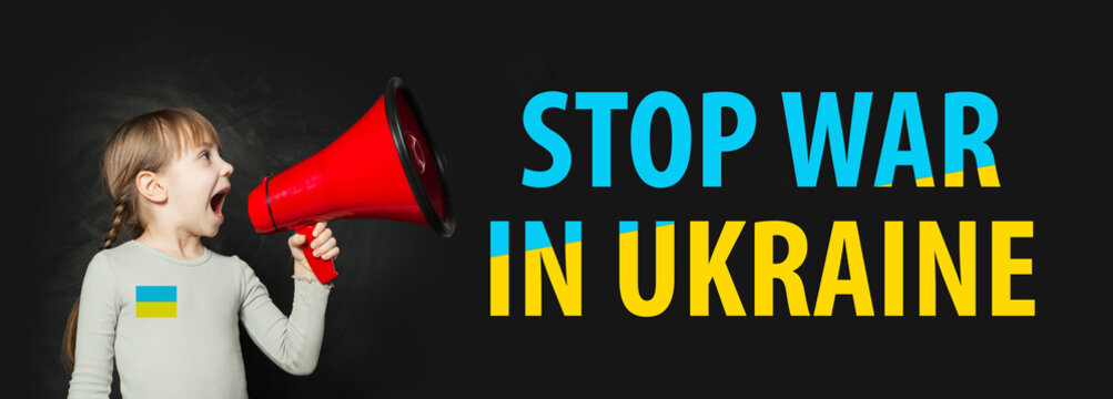 Stop War in Ukraine concept. Brave child girl yelling through a megaphone Stop War in Ukraine
