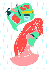 Morning facial treatment. Home spa. After shower routine for women. Beauty and care products. Care concept design. Vector female face. Modern vector.