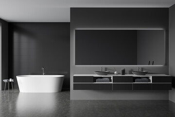 Grey bathroom interior with tub and sinks, accessories on deck
