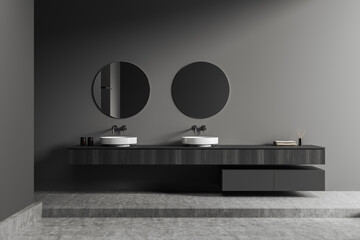 Grey bathroom interior with sink and mirror, decoration on drawer