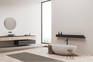 Naklejka na ściany i meble Light bathroom interior with tub, sink and panoramic window. Mockup