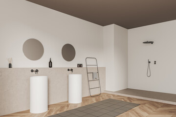 Light bathroom interior with two sinks and douche, deck and rail ladder