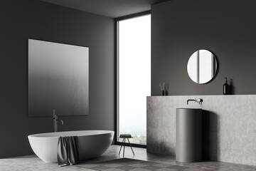 Corner view on dark bathroom interior with bathtub, panoramic window