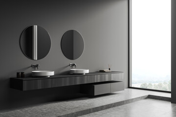Grey bathroom interior with sink and mirror, accessories and panoramic window