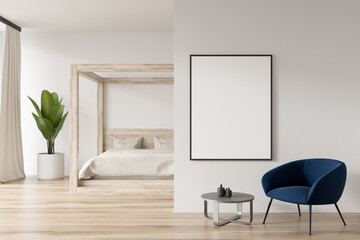Light bedroom interior with bed, armchair and coffee table. Mockup frame