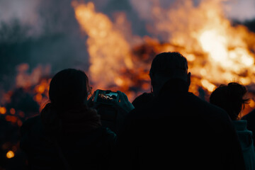 Fototapeta premium silhouette of people in front of easter bonfire