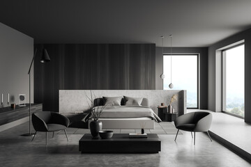 Grey bedroom interior with bed on carpet, seats and window with countryside