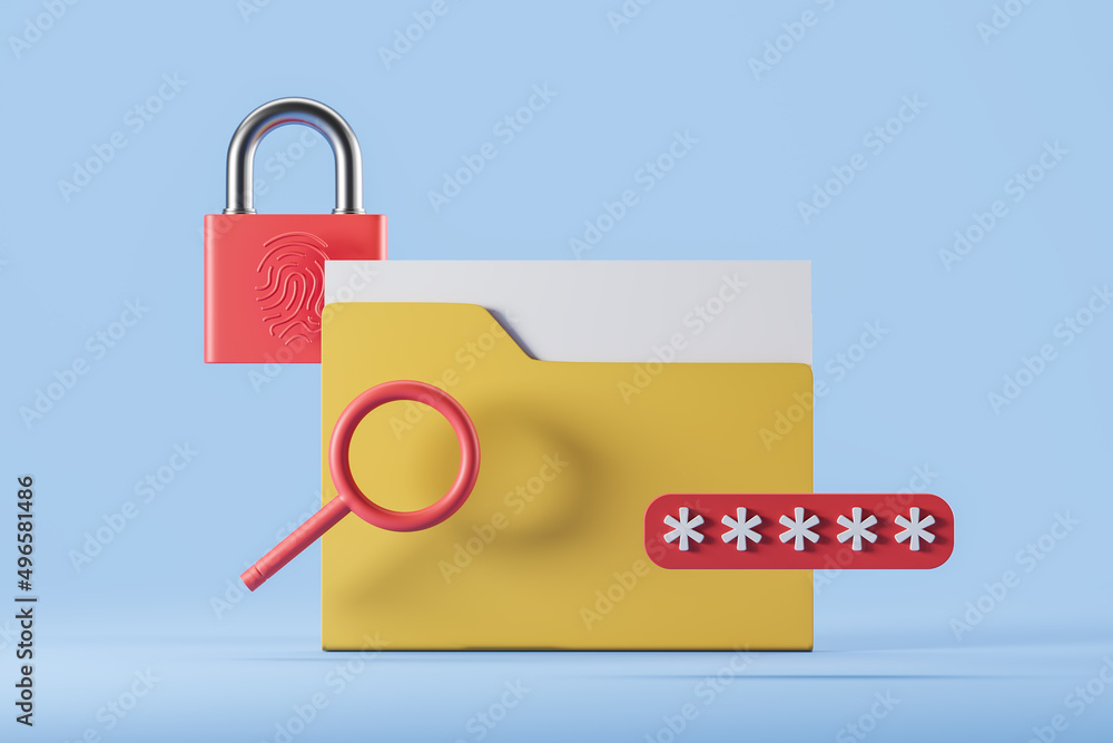 Poster paper files in folder, padlock and password. access and protection