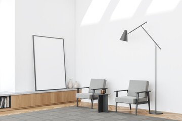 Relax room interior with two seats and drawer. Mockup frame