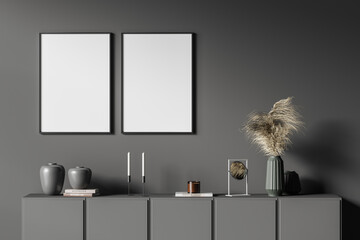 Grey gallery room interior with drawer and decoration, mockup frames