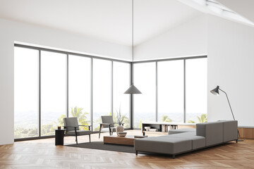Living room interior with chair and couch, shelf and panoramic window