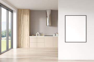 Fototapeta na wymiar Light kitchen interior with kitchenware and wooden floor, mock up frame