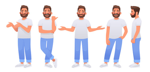 Fototapeta premium Happy bearded man character set. The guy points and shows something, poses and makes a choice, side view