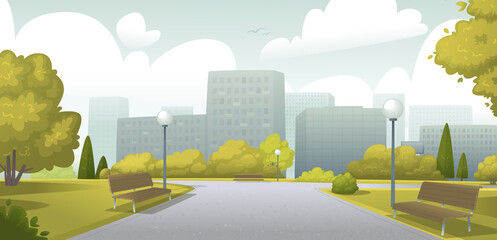 Landscape of a city park on a sunny summer or autumn day against the backdrop of the buildings of a big city