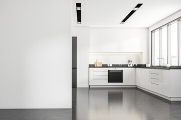 Bright kitchen room interior with empty white wall, panoramic window