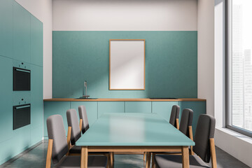 Light dining interior with seats and eating table, window. Mockup frame