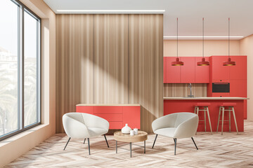 Kitchen interior with seats and countertop, panoramic window. Empty wall