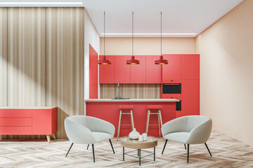 Kitchen interior with armchairs and bar seats in cooking space