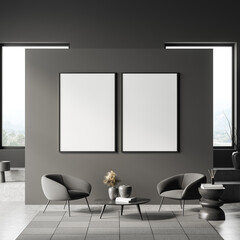 Reading room interior with two seats and coffee table. Mockup frame