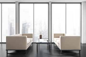 Fototapeta na wymiar Office room interior with two cozy sofas, panoramic windows