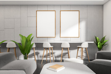 Light cafe interior with bar chairs, couch and coffee table. Mockup frames
