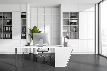 Front view on office interior with desktop, shelves, panoramic window