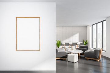 Light cafe interior with couch and bar chairs near window. Mockup frame